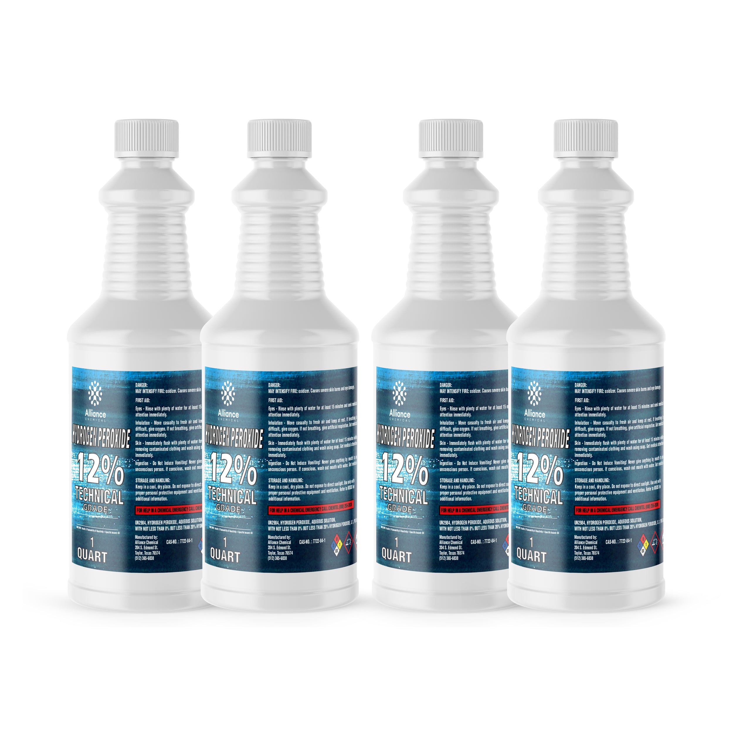 1-quart bottles of 12% Technical Grade Hydrogen Peroxide in white HDPE containers with blue labels, featuring hazard warnings and safety information, 4-pack set.